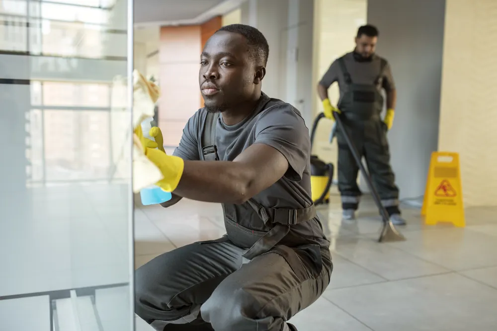 Professional janitorial cleaning in an office environment